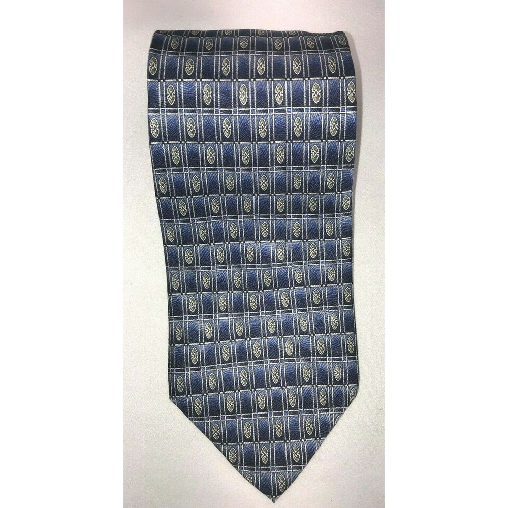 NOS Roundtree & Yorke Easy Care Blue & Silver Patterned Silk Neck Tie 58" long